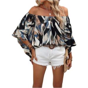 image:imageGORGLITTER Womens Off The Shoulder Tops Boho Asymmetrical 34 Sleeve Ruffle Colorful Blouses Shirt Tops Dressy CasualBlue