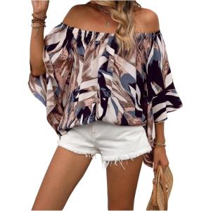 image:imageGORGLITTER Womens Off The Shoulder Tops Boho Asymmetrical 34 Sleeve Ruffle Colorful Blouses Shirt Tops Dressy CasualCoffee Brown