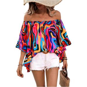 image:imageGORGLITTER Womens Off The Shoulder Tops Boho Asymmetrical 34 Sleeve Ruffle Colorful Blouses Shirt Tops Dressy CasualMulticolor Print