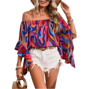 image:imageGORGLITTER Womens Off The Shoulder Tops Boho Asymmetrical 34 Sleeve Ruffle Colorful Blouses Shirt Tops Dressy CasualMulticolor Purple