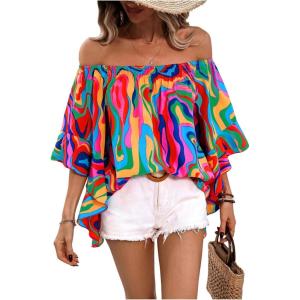 image:imageGORGLITTER Womens Off The Shoulder Tops Boho Asymmetrical 34 Sleeve Ruffle Colorful Blouses Shirt Tops Dressy CasualPink Graphic