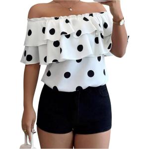 image:imageGORGLITTER Womens Off The Shoulder Tops Polka Dots Ruffle Trim Dressy Casual BlouseMulticolor