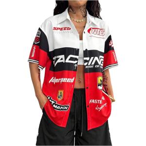 image:imageGORGLITTER Womens Oversized Racing Shirt Y2k Letter Graphic Motorcycle Button Down Short Sleeve Blouse Top