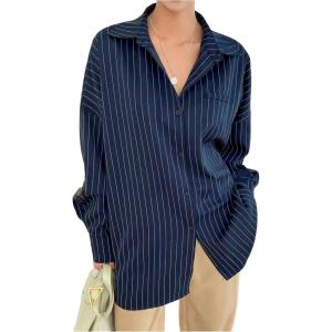 image:imageGORGLITTER Womens Oversized Striped Button Down Shirts Boyfriend Dressy Casual Long Sleeve Collared Work Blouses TopsDark Wash