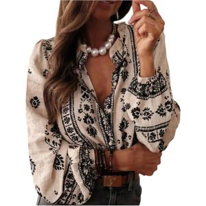 image:imageGORGLITTER Womens Peasant Blouses Boho Button Down Rodeo Outfits Vintage Floral Ruffled Bishop Long Sleeve Shirts TopsApricot