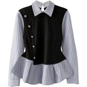image:imageGORGLITTER Womens Peplum Baby Doll Tops Casual 2 in 1 Striped Ruffle Hem Long Sleeve Collared Shirts Dress Blouse TopBlack