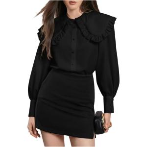 image:imageGORGLITTER Womens Peter Pan Collar Shirt Blouse Long Sleeve Ruffle Large Doll Collar Button Shirt Tops Trendy 2025Light Black