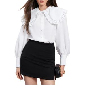 image:imageGORGLITTER Womens Peter Pan Collar Shirt Blouse Long Sleeve Ruffle Large Doll Collar Button Shirt Tops Trendy 2025Light White