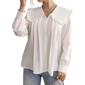 image:imageGORGLITTER Womens Peter Pan Collar Shirt Blouse Long Sleeve Ruffle Large Doll Collar Button Shirt Tops Trendy 2025White