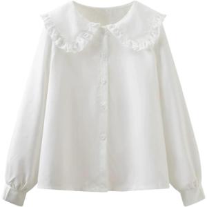 image:imageGORGLITTER Womens Peter Pan Collar Shirt Long Sleeve Blouse Dressy Casual Button Down Shirt Fall Fashion 2025White