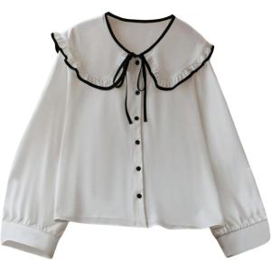 image:imageGORGLITTER Womens Peter Pan Collar Shirt Long Sleeve Blouse Dressy Casual Button Down Shirt Fall Fashion 2025White and Black