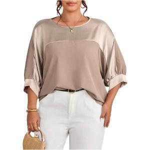 image:imageGORGLITTER Womens Plus Size 34 Sleeve Tops Blouses Dressy Casual Metallic Satin Work Loose Tunic Shirt Going Out TopsChampagne