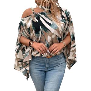 image:imageGORGLITTER Womens Plus Size Blouse Tops Trendy Dressy Casual Fall Cold Shoulder 34 Sleeve Asymmetrical Neck Shirt TopMulticolor