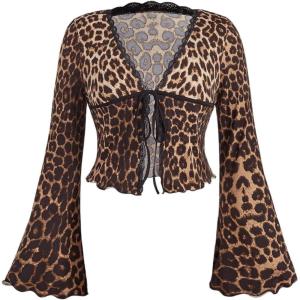 image:imageGORGLITTER Womens Plus Size Cheetah Print Tie Front Crop Top Animal Lace Bell Long Sleeve Blouse Shirt Holiday OutfitsBrown