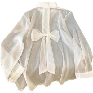 image:imageGORGLITTER Womens Plus Size Chiffon Long Sleeve Tops Blouse Dressy Casual Bow Collared Shirt Sheer Button Up Fall TopWhite