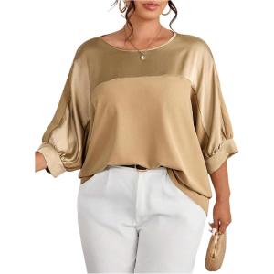 image:imageGORGLITTER Womens Plus Size Going Out Tops Casual Work Metallic Short Sleeve Crew Neck Tunic T Shirts Blouses TopsKhaki