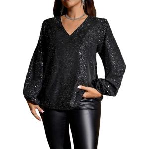 image:imageGORGLITTER Womens Plus Size Party Tops Sequin Bishop Long Sleeve V Neck Blouse Dressy Casual Loose ShirtBlack