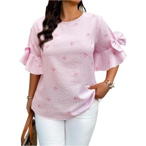 image:imageGORGLITTER Womens Plus Size Striped Bow Blouse Ruffle Flare Short Sleeve Crewneck Trendy Dressy Work Shirt TopPink