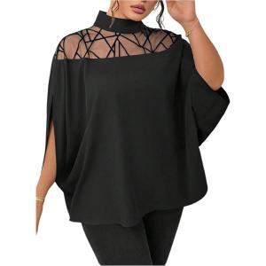 image:imageGORGLITTER Womens Plus Size Tops Dolman Sleeve Mock Neck Mesh Flowy Tunic Shirt Dressy Casual BlousesBlack