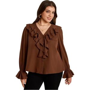image:imageGORGLITTER Womens Plus Size Tops Ruffle Button Up Blouse Flounce Sleeve V Neck ShirtCoffee Brown