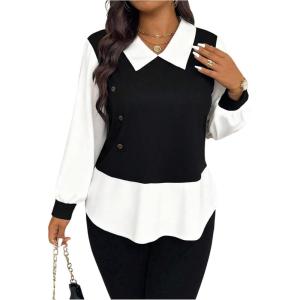 image:imageGORGLITTER Womens Plus Size Tops Shirt Dressy Baby Doll Peplum Long Sleeve Color Block Collar 2 in 1 Knit Blouse TopBlack and White