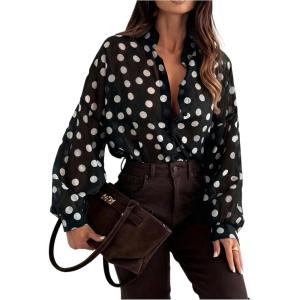 image:imageGORGLITTER Womens Polka Dots Blouse Dressy Business Casual Lantern Long Sleeve Collar Button Down Shirt Work TopsBlack