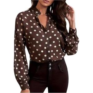 image:imageGORGLITTER Womens Polka Dots Blouse Dressy Business Casual Lantern Long Sleeve Collar Button Down Shirt Work TopsBrown