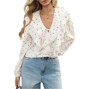 image:imageGORGLITTER Womens Polka Dots Blouse Ruffle V Neck Shirts Renaissance Long Sleeve Elegant Dressy Business Casual TopMulticolor