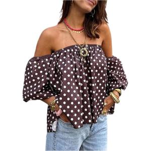 image:imageGORGLITTER Womens Polka Dots Off The Shoulder Tops 34 Puff Sleeve Cute Blouses Summer Going Out Outfits 2026Coffee Brown