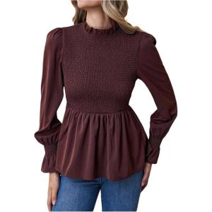 image:imageGORGLITTER Womens Puff Long Sleeve Peplum Tops Cute Smocked Ruffle Blouses Babydoll Shirts Dressy Going Out OutfitsMocha Brown