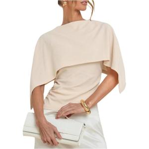 image:imageGORGLITTER Womens Ruched Poncho Top Asymmetrical Shawl Tops Elegant Dressy Spring Dolman Sleeve BlouseBeige