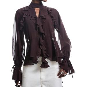 image:imageGORGLITTER Womens Ruffle Blouse Party Chiffon Sheer Mesh Shirts Top Long Sleeve Work Business Casual Going Out OutfitsCoffee Brown