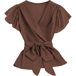 image:imageGORGLITTER Womens Ruffle Hem Peplum Baby Doll Tops Casual Summer Wrap Tie Front V Neck Short Sleeve Blouse Shirt TopsBrown