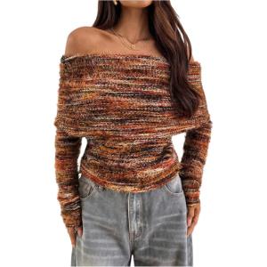 image:imageGORGLITTER Womens Striped Off The Shoulder Sweater Fuzzy Mohair Fall Fashion Fold Over Pullover TopsBrown Striped