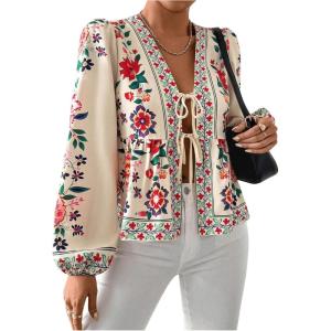 image:imageGORGLITTER Womens Tie Front Floral Blouses Lantern Sleeve V Neck Boho Peplum TopsApricot Multicolor