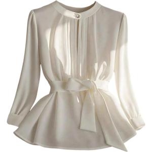 image:imageGORGLITTER Womens Tie Waisted Peplum Tops Blouse Business Casual Long Sleeve Pleated Belted Shirt Work Babydoll TopsWhite
