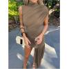 image:imageGORGLITTER Womens Asymmetrical Bodycon Mini Dresses Sexy Going Out Ruched Mock Neck Birthday Brunch Prom Dinner DressKhaki
