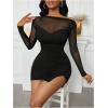image:imageGORGLITTER Womens Asymmetrical Neck One Shoulder Patchwork Dresses Fall Mesh Long Sleeve Sexy Party Dinner Mini DressBlack