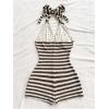 image:imageGORGLITTER Womens Backless Halter Shorts Rompers Dressy Summer Vacation Sexy Striped Open Back One Piece JumpsuitBrown and White