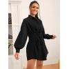 image:imageGORGLITTER Womens Button Up Long Sleeve Mini T Shirt Dress Lapel Collar Pleated Flared Short DressesBlack