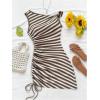 image:imageGORGLITTER Womens Crochet Striped Mini Dress Ruched One Shoulder Asymmetrical Summer Beach Knit Bodycon SundressBrown and White