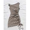 image:imageGORGLITTER Womens Crochet Striped Mini Dress Ruched One Shoulder Asymmetrical Summer Beach Knit Bodycon SundressBrown and White