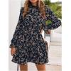 image:imageGORGLITTER Womens Floral Mini Dress Ruffle Long Sleeve Mock Neck Smocked Casual Boho Flowy DressesBlue