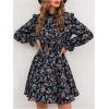 image:imageGORGLITTER Womens Floral Mini Dress Ruffle Long Sleeve Mock Neck Smocked Casual Boho Flowy DressesBlue
