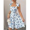 image:imageGORGLITTER Womens Floral Print Tie Shoulder Sleeveless Flowy Dress Square Neck Smocked Short Summer DressBlue and White