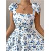 image:imageGORGLITTER Womens Floral Print Tie Shoulder Sleeveless Flowy Dress Square Neck Smocked Short Summer DressBlue and White