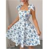 image:imageGORGLITTER Womens Floral Print Tie Shoulder Sleeveless Flowy Dress Square Neck Smocked Short Summer DressBlue and White