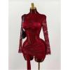 image:imageGORGLITTER Womens Lace Mini Dress Sheer Mesh Ruched Long Sleeve Bodycon Formal Night Out Birthday Party Sexy DressesRose Red