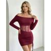 image:imageGORGLITTER Womens Lace Off The Shoulder Dress Ruched Drawstring Mesh Long Sleeve Coquette Bodycon Club Party DressesBurgundy