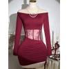 image:imageGORGLITTER Womens Lace Off The Shoulder Dress Ruched Drawstring Mesh Long Sleeve Coquette Bodycon Club Party DressesBurgundy